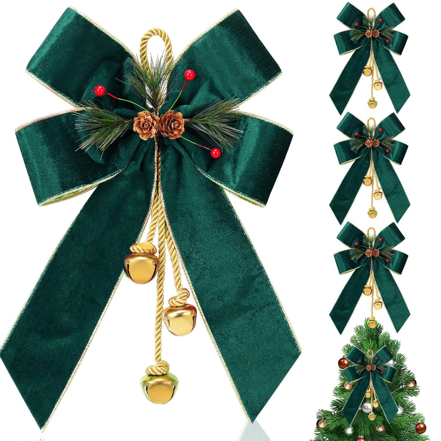 Yinkin 4 Pcs Christmas Tree Wreath Bow Christmas Ribbon Bows with Bells 11 x 7.8 in Velvet Pine Cone Bowknot Xmas Tree Hanging Ornaments Decor for Home Xmas Party Outdoor Indoor (Retro Green)