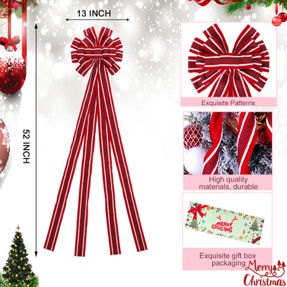 Christmas Tree Topper Bow Large Red Christmas Wreath Bow Tree Topper, Flocking Fabric with White Raw Edge Gift Bows for Xmas Ornament Holiday Home Thanksgiving Indoor/Outdoor Decor 52x13 Inches