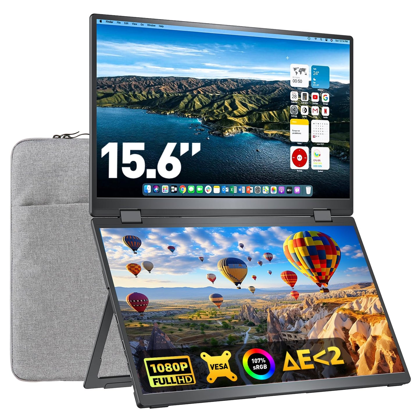 Portable Monitor 15.6" FHD 85% sRGB 60Hz IPS HDR HDMI USB-C Travel Monitor for Laptop MacBook PC Surface PS5 Xbox, External Display with Cover & Speakers, VESA Compatible