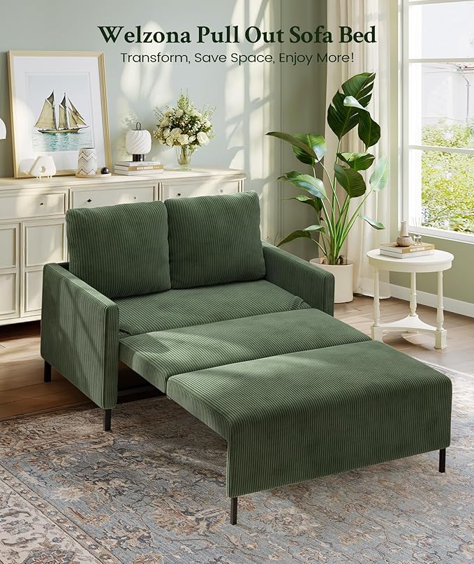 Welzona 47.2" Convertible Sofa Bed Couch, Comfy Corduroy Loveseat Sleeper Sofa