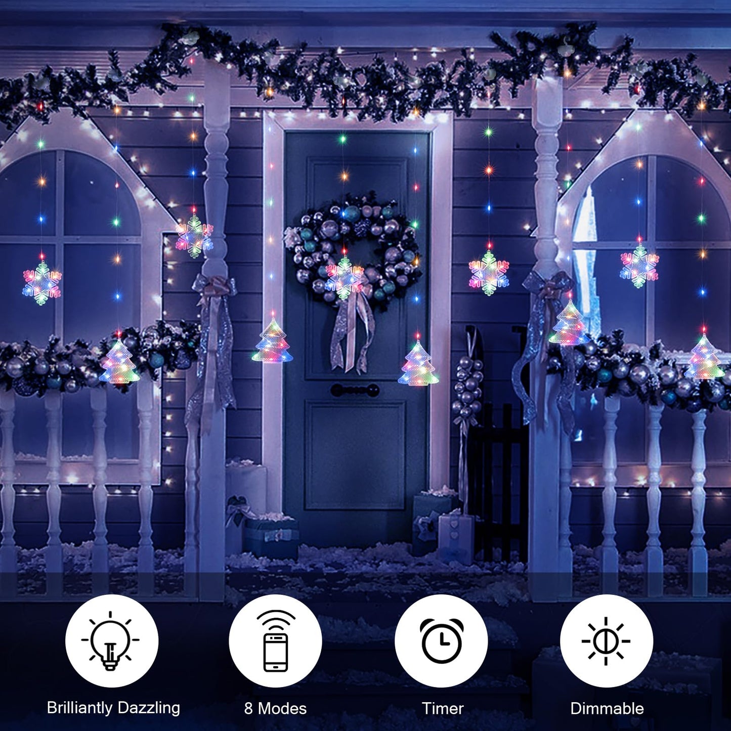 BLOOMWIN Christmas Window Lights Indoor - 2M 160 LED Christmas Window Decorations, Snowflake Curtain Hanging Fairy String Icicle Lights for Xmas Noel Bedroom Holiday Home Outdoor, RGB USB