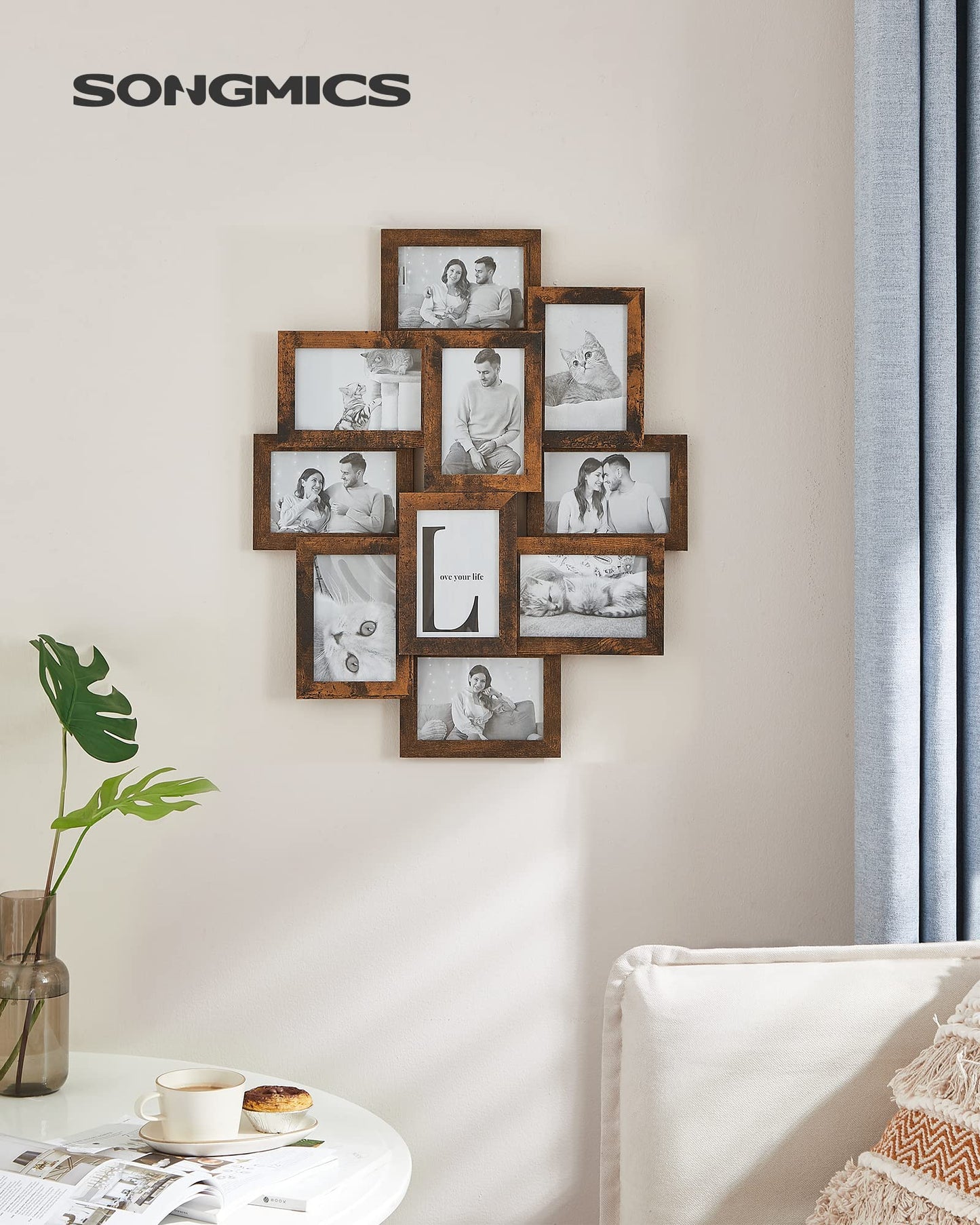 SONGMICS Collage Picture Frames, 10 Frames for 4x6 Photos, Collage Photo Frames for Wall, Multi Frames, Wall Decor, Rustic Brown RPF020X01