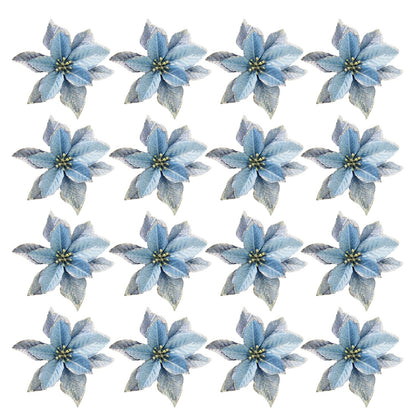KEPATO Christmas Glitter Poinsettia Christmas Tree Ornaments Pack of 12 (Blue)