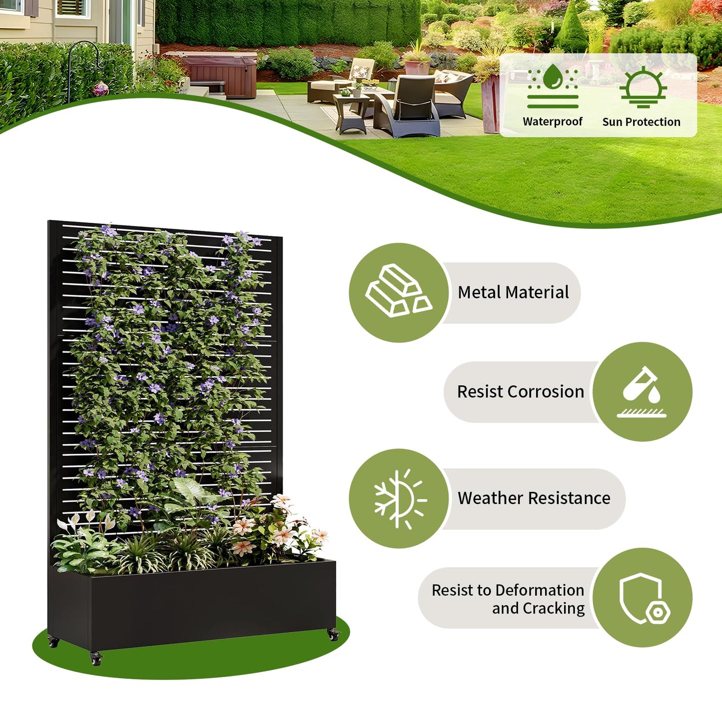 Metal Planter Box with Trellis and Wheels, 73"x47"x16" Galvanized Steel Raised Garden Bed with Drainage Holes, Outdoor Planter with Privacy Screen Function for Climbing Plants and Vines