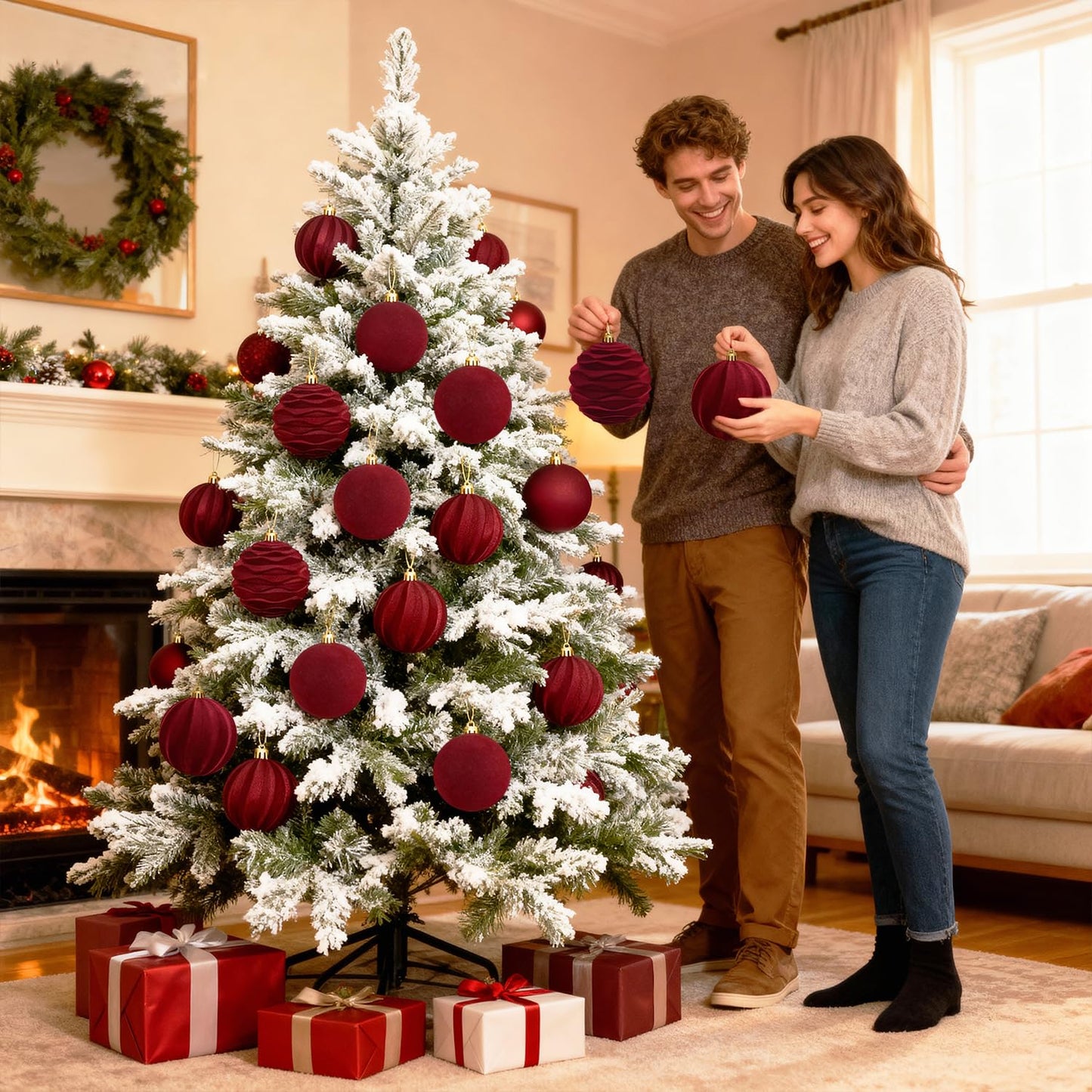 Artmag 4 PCS Large Velvet Christmas Balls Ornaments Shatterproof Hanging Set Flocked for Xmas Tree Holiday Party Decorations (Burgundy,4 Inch)