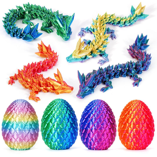 TBOLINE 4PCS 3D Printed Dragon Egg, Articulated Crystal Animals Fidget Toy Kid, Small 3D Printer Dinosaur Dino Eggs Toy Easter Gifts for Kids Boy Girls (4-Piece-C)