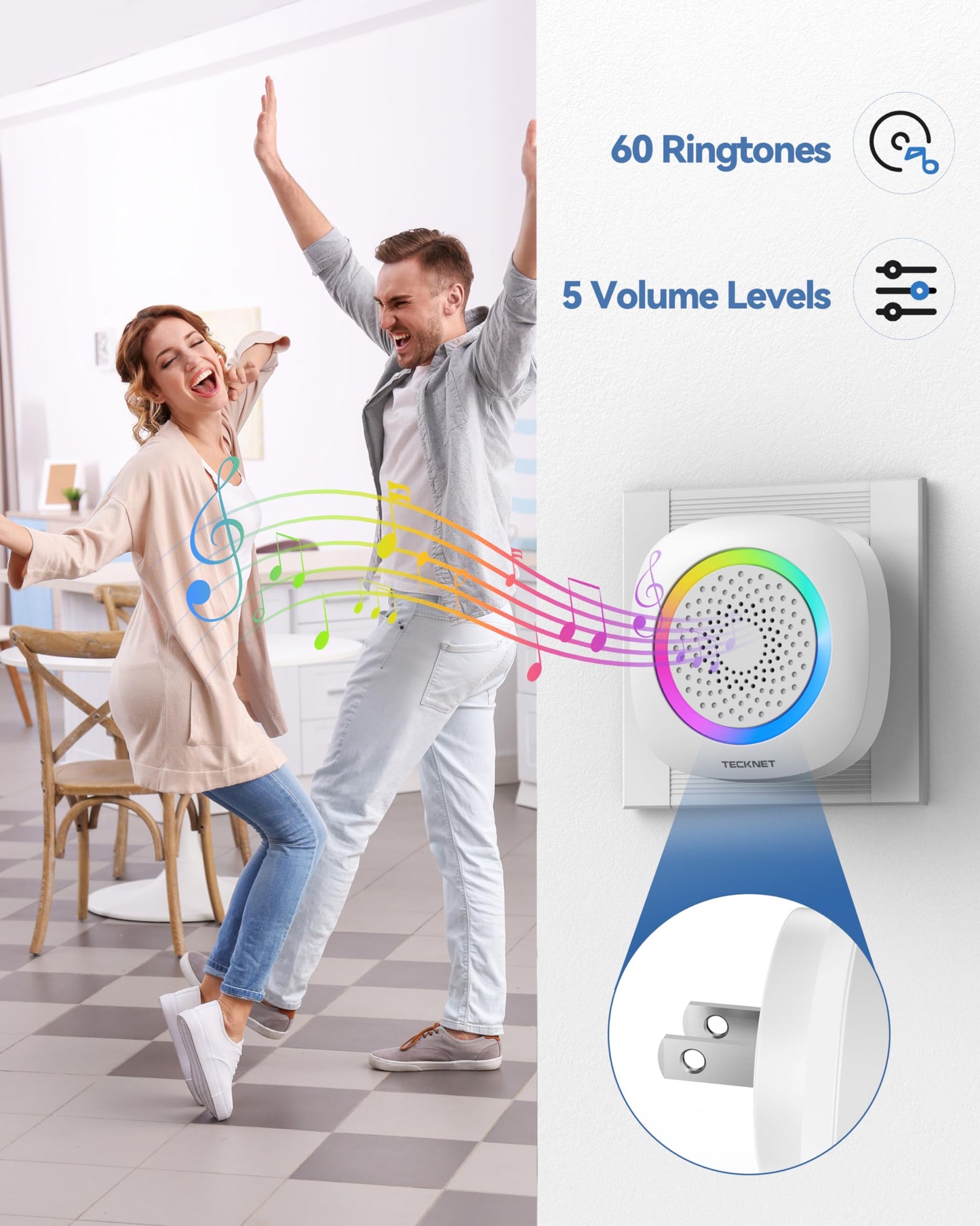 TECKNET Plug-in Wireless Doorbell with RGB Lighting & 1300 Feet Range,IP66 Waterproof Doorbell for Home/Classroom/Office/Business,60 Chimes,5-Level Volume,4.5-Year Battery Life(White)