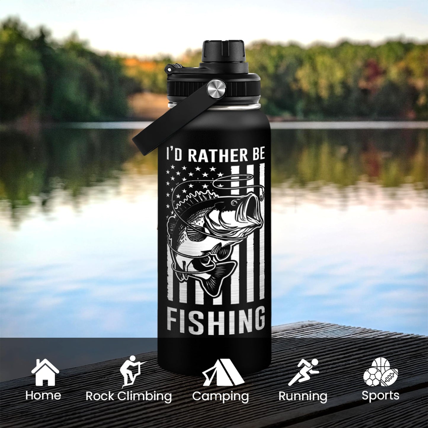 Fishing Water Bottle - 32oz Stainless Steel Insulated Bottles with lid - Deer Fishing Gifts for Fisherman Papa Dad Husband - Gift for Christmas Birthday Fathers Day