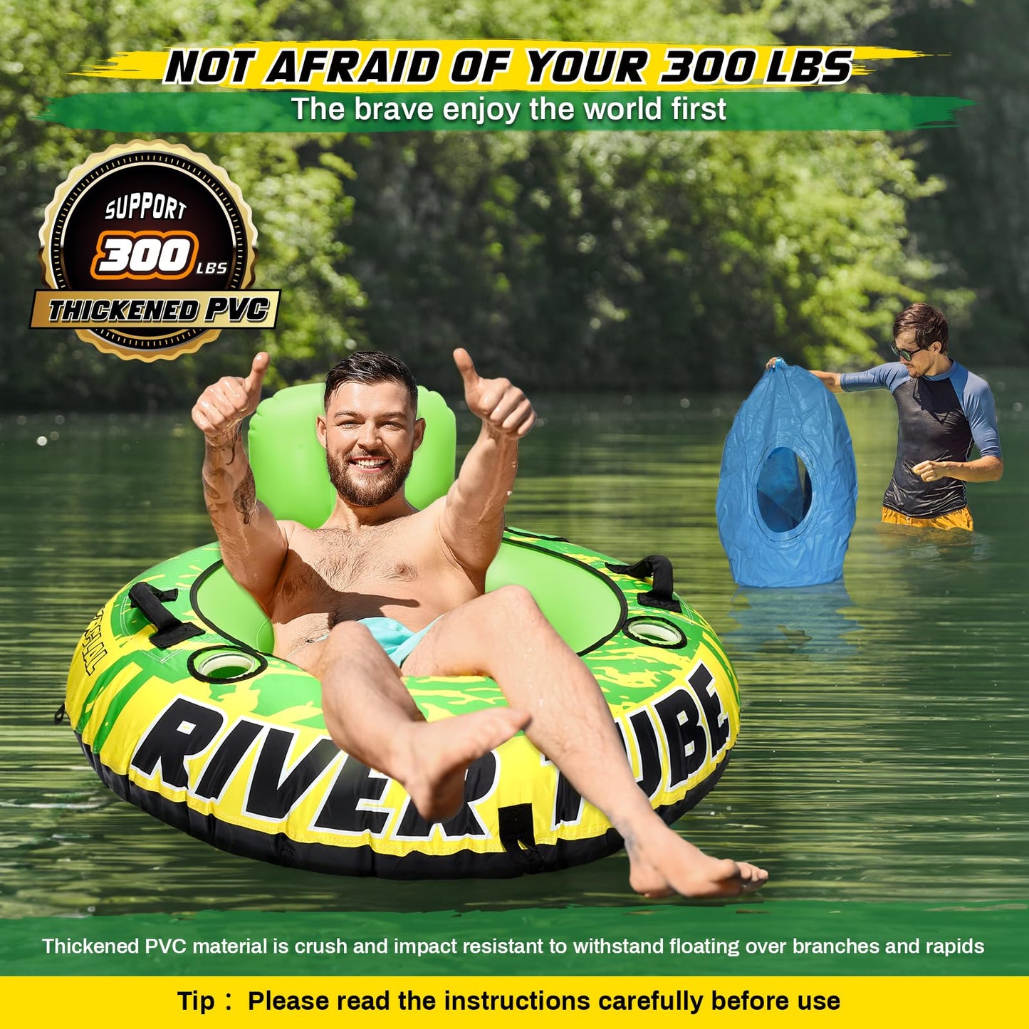 53" Heavy Duty River Tube for Floating with Canvas Cover, 2 Pack Tubing Floats for Lake Pool, Inflatable Water Tube for Floating with Cup Holder Handle Headrest, River Raft Carry 600lb of Adults