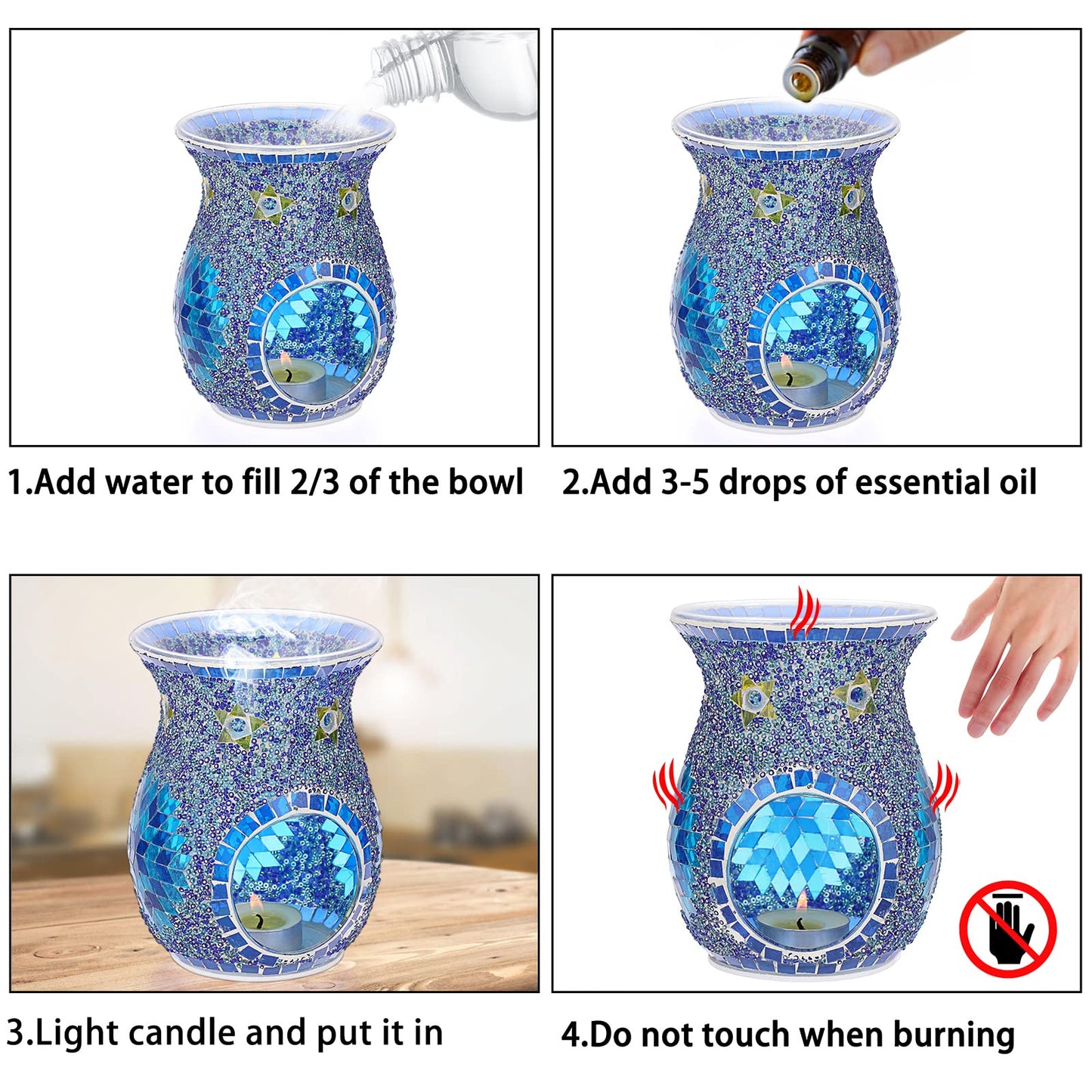 JUXYES Charming Mosaic Essential Oil Burner, Tea Light Wax Melt Warmer for Scented Wax, Decorative Fragrance Oil Warmer Tealight Candle Holder, Incense Aroma Diffuser for Home Table Decoration