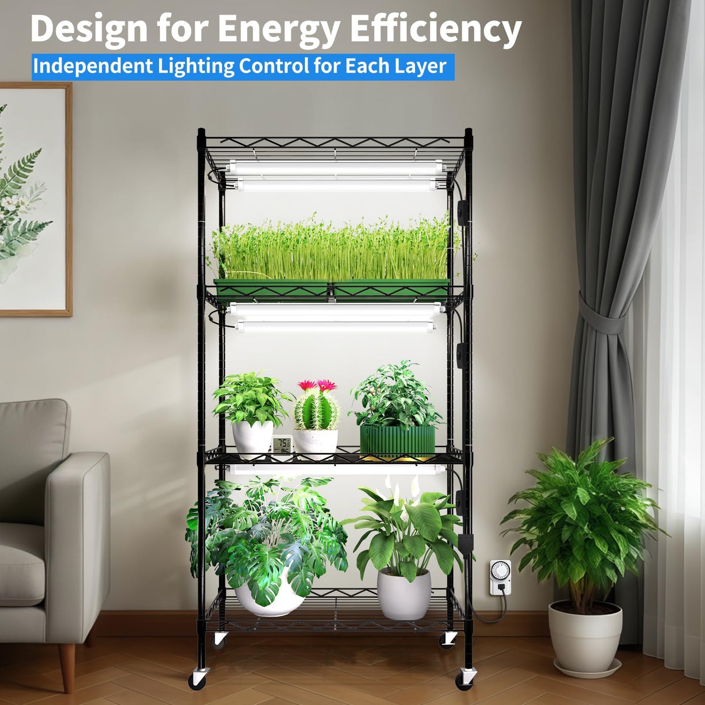 JESLED Indoor Greenhouse with Grow Light - Full Spectrum 5000K LED for Seed Starting, Tiered Lighting Control, Built-in Timer & Thermo-Hygrometer, Rolling Metal Plant Stand (23.6x13.8x59 in)