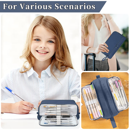 Tesmien Pencil Case, Large Pencil Case with 4 Compartments Stationery Organizer for Boys and Girls, Aesthetic Pencil Bag Suitable for Kids Teenagers Students Women Men, Dark Blue
