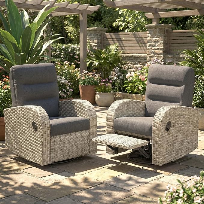 Outdoor Swivel Recliner Chair Set of 2, All-Weather Wicker Reclining Patio Chair with Adjustable Backrest and Footrest