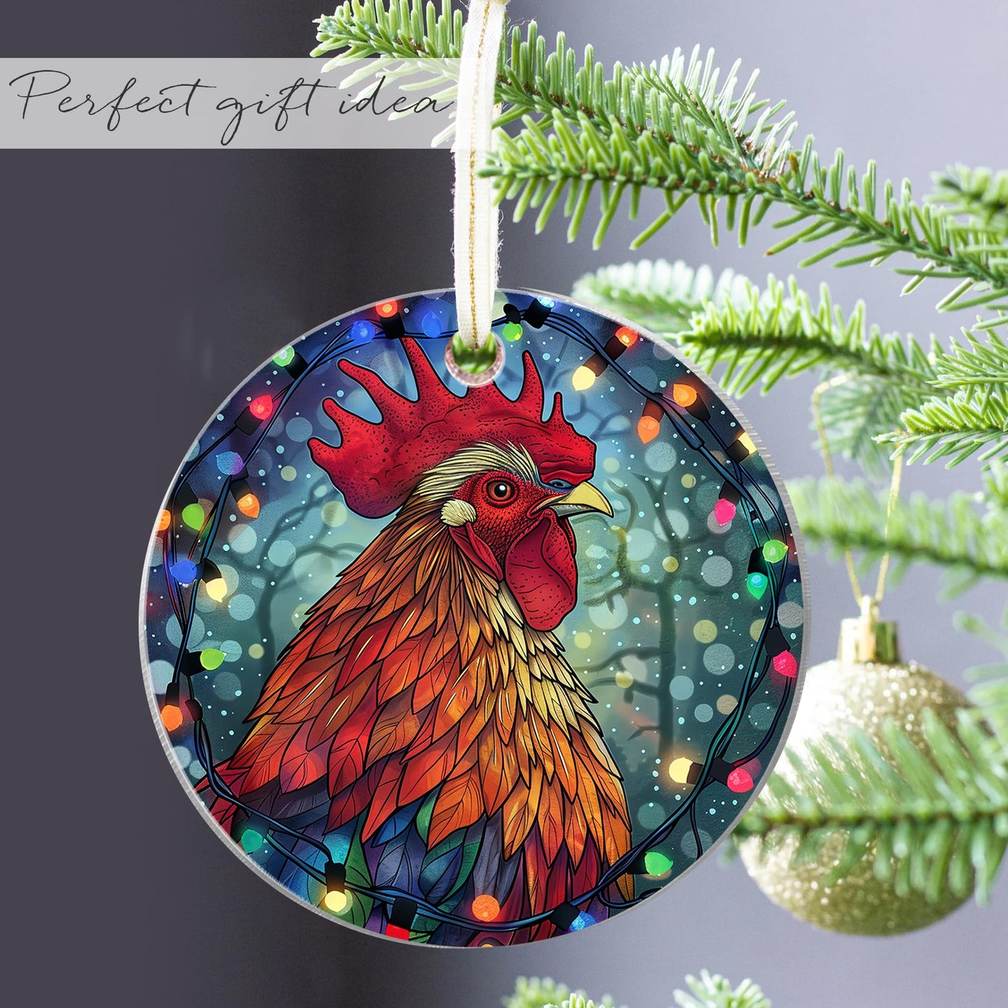 Fastpeace Chicken Rooster Farm Christmas Ornament - Stained Glass Style Christmas Rooster Ornament - Perfect Hanging Decoration - Gift for Farmer, Chicken Lovers, Family, Friends (Chicken Acrylic)