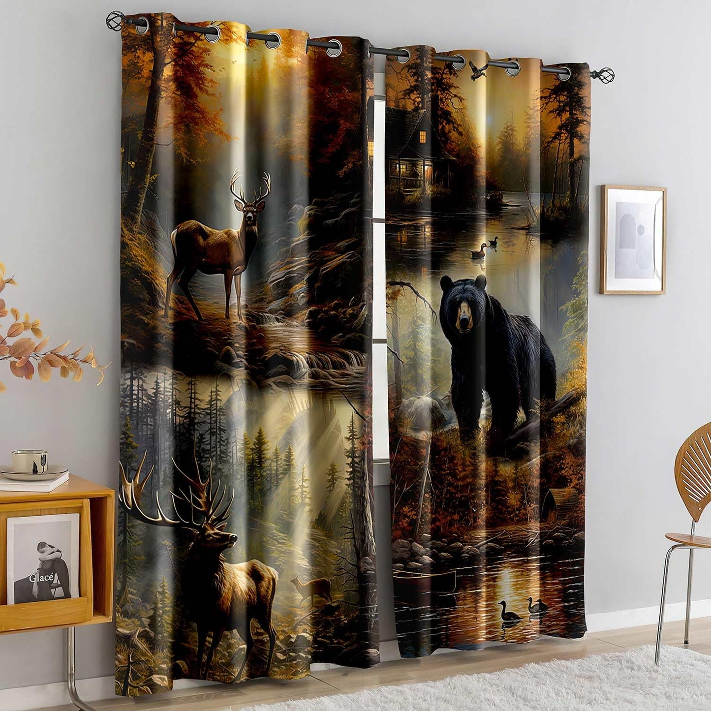 LUVIVIHOME Rustic Cabin Blackout Curtains, Deer Moose Black Bear Curtains for Bedroom, Forest Animal Wildlife Mallard Duck Country Farmhouse Hunting Room Decor Window Curtains 2 Panel Sets, 42x84 Inch