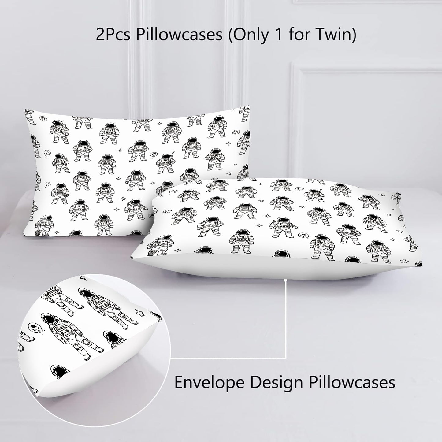 VTKON Black and White Astronaut 3Pcs Comforter Set for Boys, Queen Size Spaceman and Star Bedding Set, Line Print Galaxy Bed Sets for Kids Bedroom with 2 Pillowcases