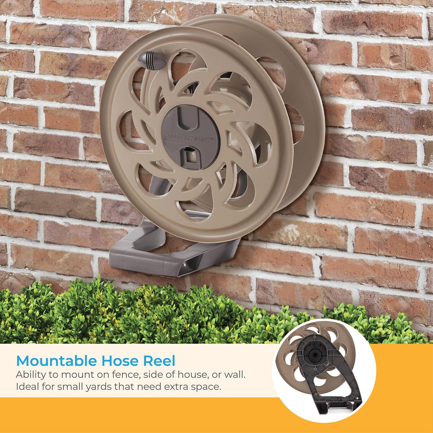Suncast 125 ft. Sidetracker Wall Mount Garden Hose Reel with Guide, Dark Taupe