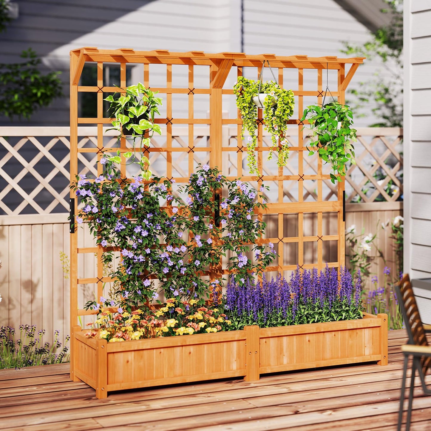 Giantex Large Raised Garden Bed with Trellis & Roof, 72" Wooden Garden Bed, High Trellis for Plant Flower Climbing Pot Hanging, Indoor & Outdoor Planter Box for Yard, Garden, Balcony
