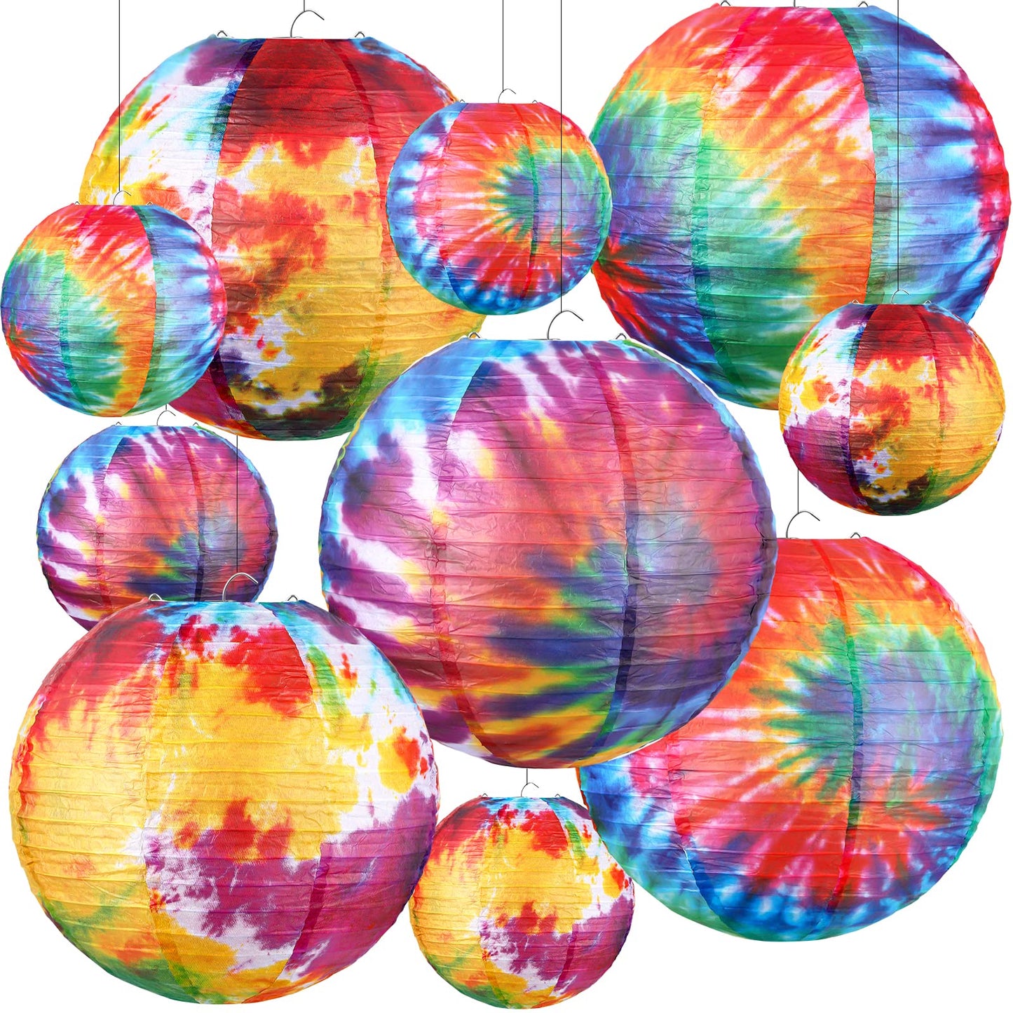 10 Pcs Tie Dyed Groovy Paper Lanterns Chinese/ Japanese Lanterns Groovy Party Decorations Tie Dye Party Supplies Classroom Hanging Ceiling Decorations for Home Decor Parties Weddings (12 Inch/ 6 Inch)