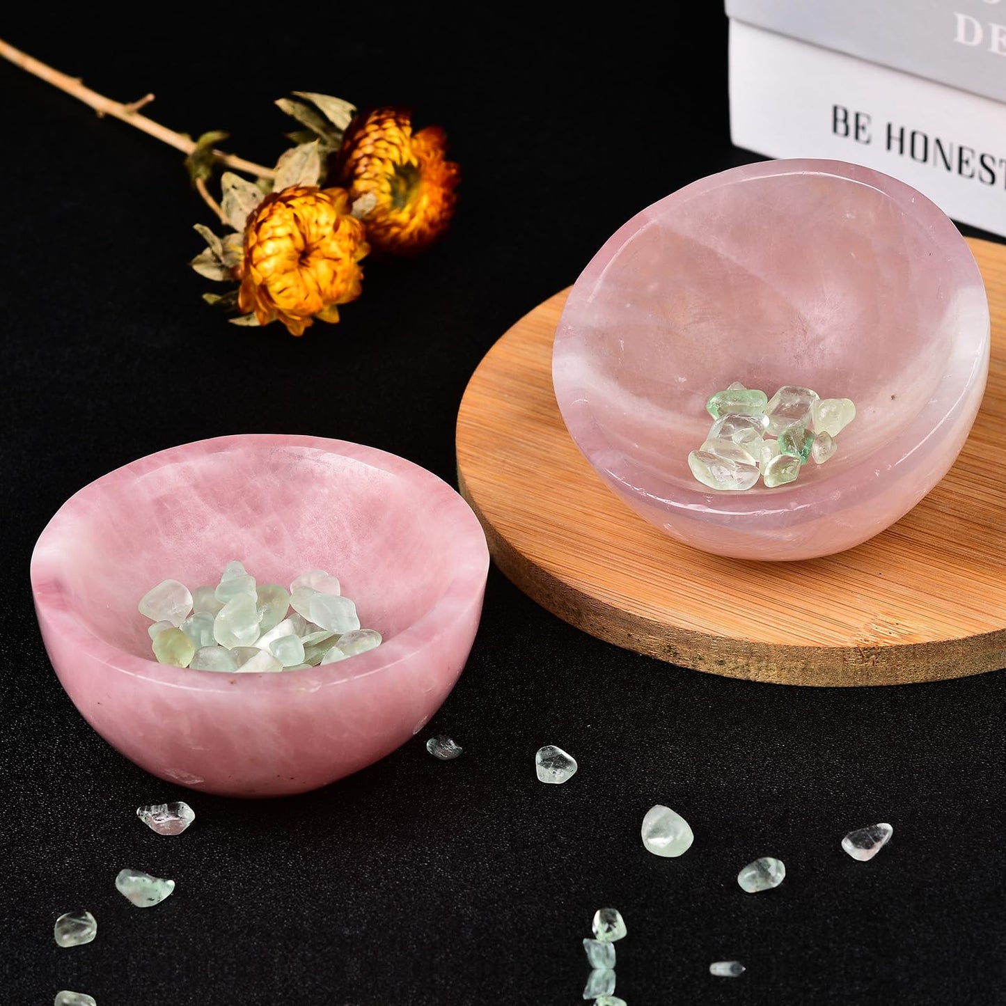 MOGEMT Large Rose Quartz Crystal Bowl Hand-Carved Round Pink Crystals Gemstone Bowl Reiki Healing Home Decoration Gift 4-4.5"