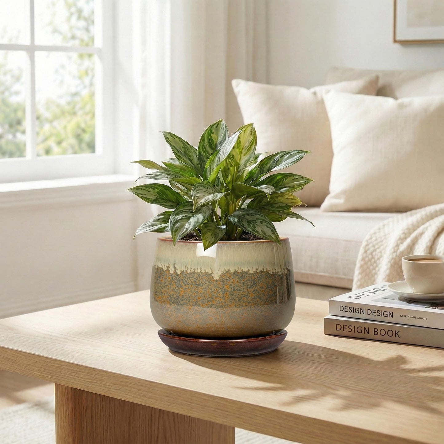 Fivepot Ceramic Plant Pots - 6 Inch Planter with Drainage and Saucer, Round Ceramic Pots for Indoor Plants, Decorative Small Planter, Office Living Room Decor, Housewarming Gifts, Brown-Beige