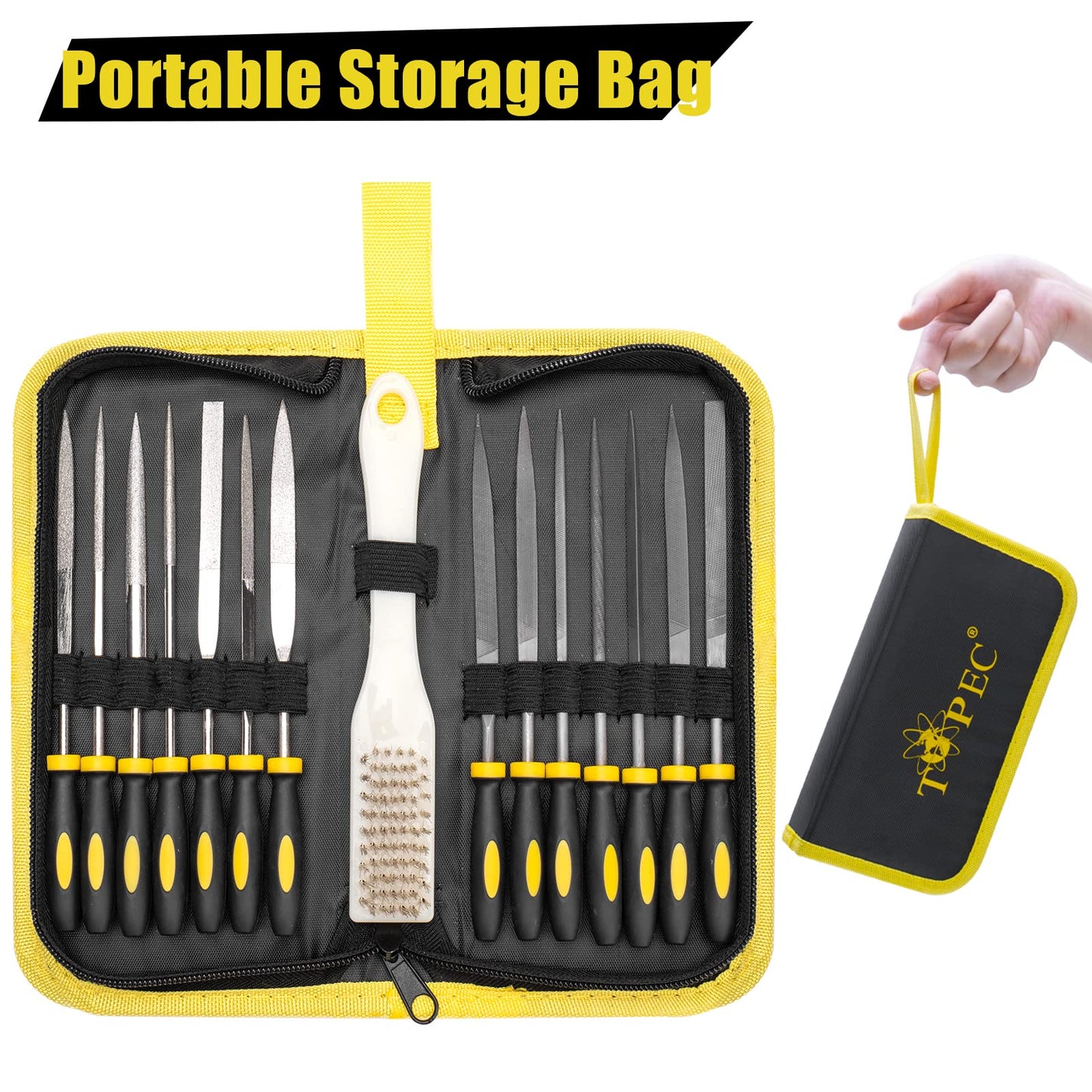 Topec 15PCS Small File Set, Needle Diamond Files, Jewlers Files & Steel Files with Metal Brush and Storage Bag, for Precision Metal File Work, Wood, Jewelry, DIY Carving Tool
