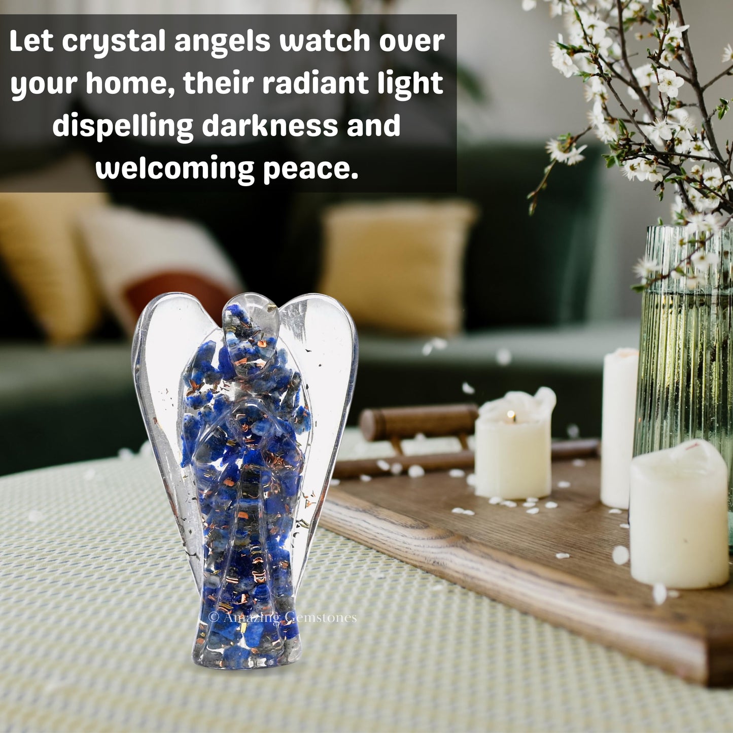 Amazing Gemstone Lapis Lazuli Guardian Angel Figurine Pocket Crystal Angel for Protection - Orgone Guardian Angel with Orgonite Layer and Natural Crystal for Healing Gift (2 Inch, Organite)