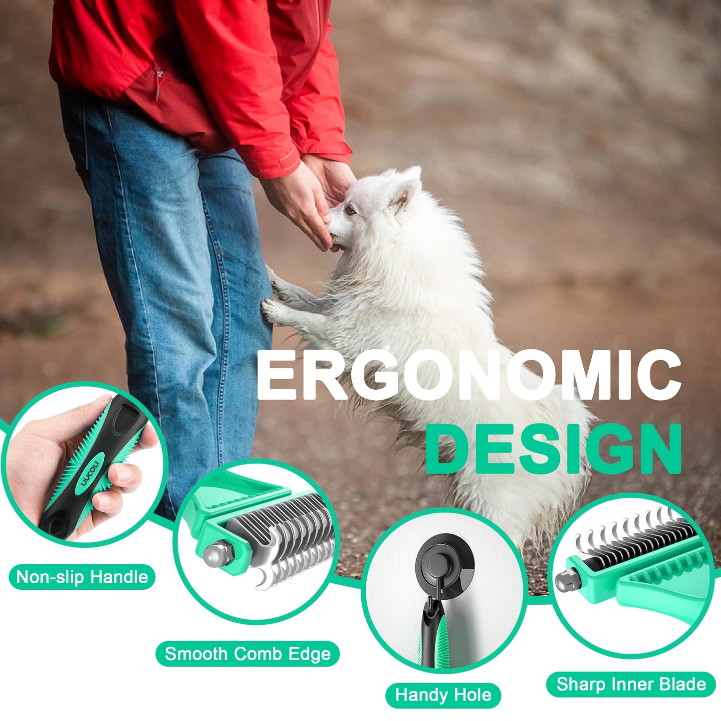 Cat Brush, Dog Grooming Brush, Rabbit Comb for shedding, LIUCOLI Professional Pet Hair Remover Rake - Eliminates Tangles Knots for Long/Short Hair, Removes Dead Undercoat and Loose Hairs Green