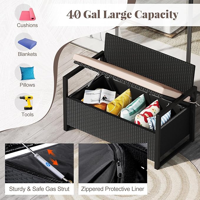 Tangkula 40 Gallon Outdoor Bench with Storage, Patio Wicker Storage Bench with Cushion, Cover, Metal Frame, Deck Box Seat for Backyard, Poolside, Balcony, Garden