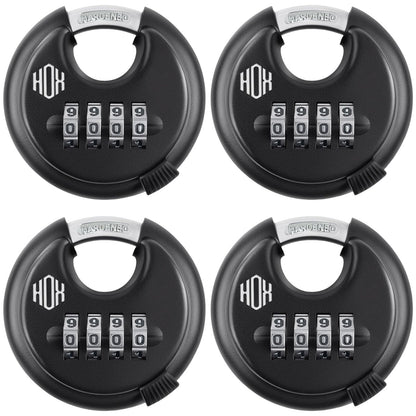 HOX Combination Lock, 4 Digit Disc Padlock with 3/8 Inch Hardened Steel Shackle, 2-3/4 Inch Zinc Alloy Wide Body, Keyless Heavy Duty Combo Lock for Hasp Latch, Sheds, Fences, Storage Locker (4 Pack)