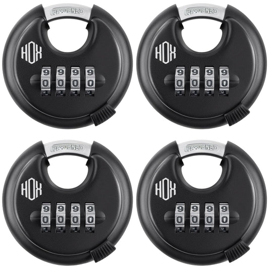HOX Combination Lock, 4 Digit Disc Padlock with 3/8 Inch Hardened Steel Shackle, 2-3/4 Inch Zinc Alloy Wide Body, Keyless Heavy Duty Combo Lock for Hasp Latch, Sheds, Fences, Storage Locker (4 Pack)