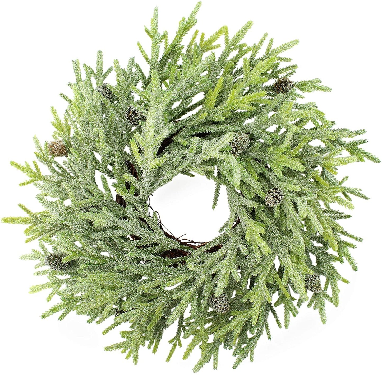 AuldHome Design Artificial Christmas Wreaths (2-Pack, 14-Inch); Evergreen Flocked Greenery w/Pinecones for Doors, Stairways and Windows, Indoor/Outdoor