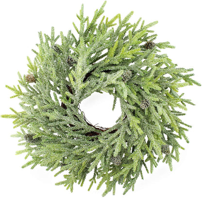 AuldHome Design Artificial Christmas Wreaths (2-Pack, 14-Inch); Evergreen Flocked Greenery w/Pinecones for Doors, Stairways and Windows, Indoor/Outdoor
