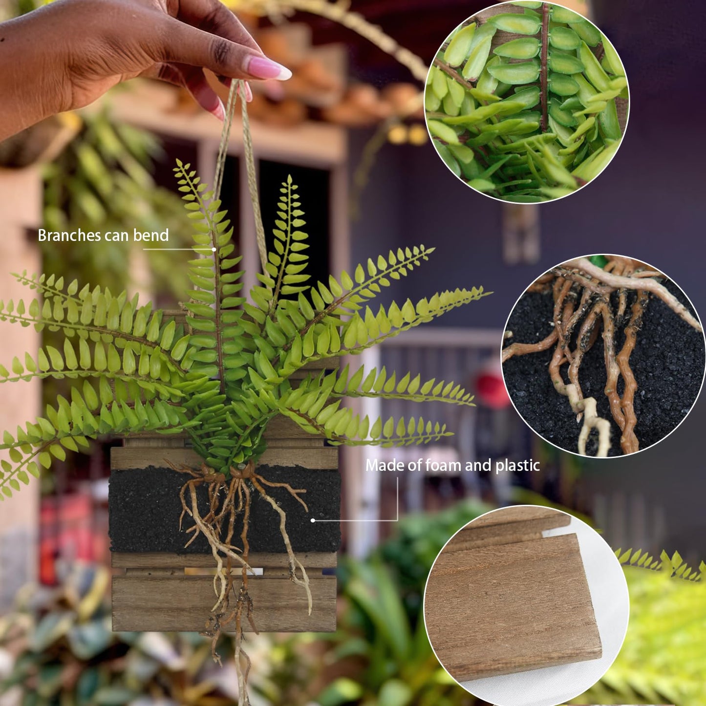 FAICOIA 2 Pcs Hanging Planter Vase Wall Decor with Artificial Plants Persian Fern Wooden Base Window Wall Planter Holder for Outdoor Indoor Hanging Plant Shelves for Home Decor Plant Holder Kitchen