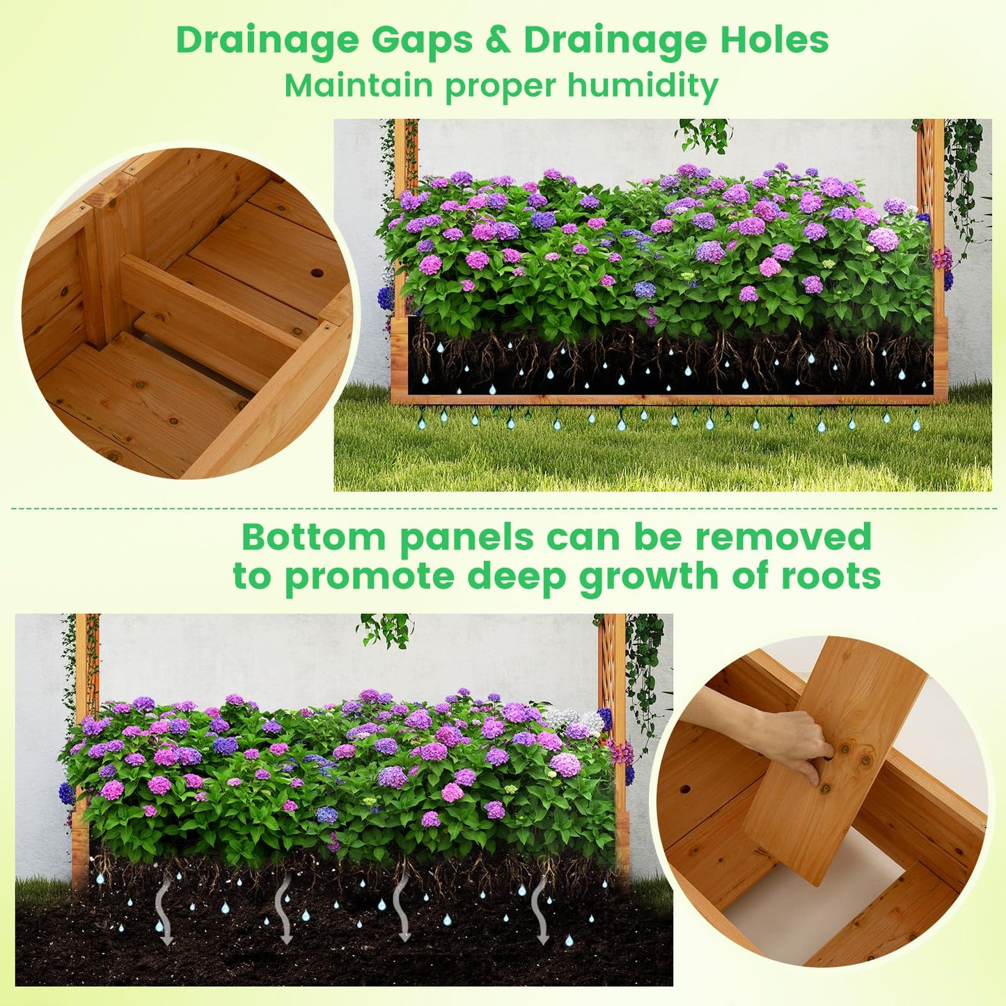 Giantex Raised Garden Bed with Trellis & Hanging Roof, Wood Planter Box with Bottom and Drainage Holes, Freestanding Garden Planter for Flower Vegetable Fruit Herb Climbing Vines, 77"x17"x70"