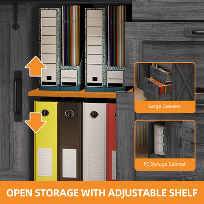 Meowloday 78'' Farmhouse L Shaped Desk, Large Home Office Desk with File Drawer and Charging Station, Computer Corner Desks with Sliding Barn Door & Storage Cabinet for Office Home, Bedroom, Grey
