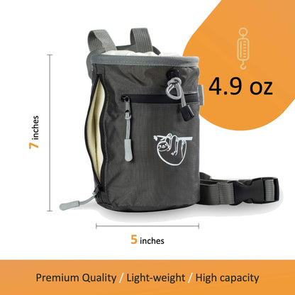 Chalk Bag for Rock Climbing, Climbing Chalk Bag for Bouldering with 2 Large Zipper Storage Pockets, Premium Gym Chalk Bag for Weightlifting, Great Gift and Rock Climbing Gear, Gray