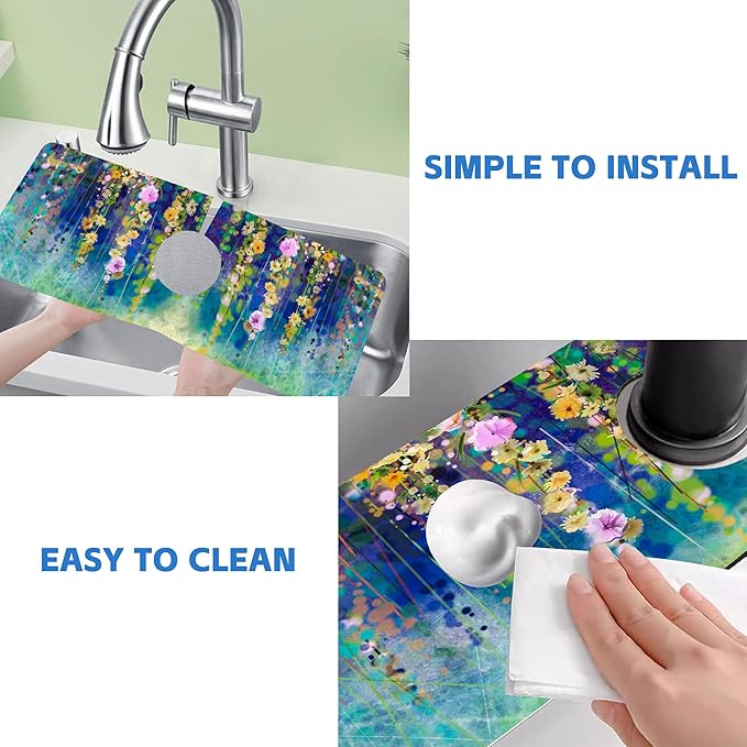 Abstract Watercolor Floral Kitchen Sink Splash Guard Mat Absorbent Fast Drying