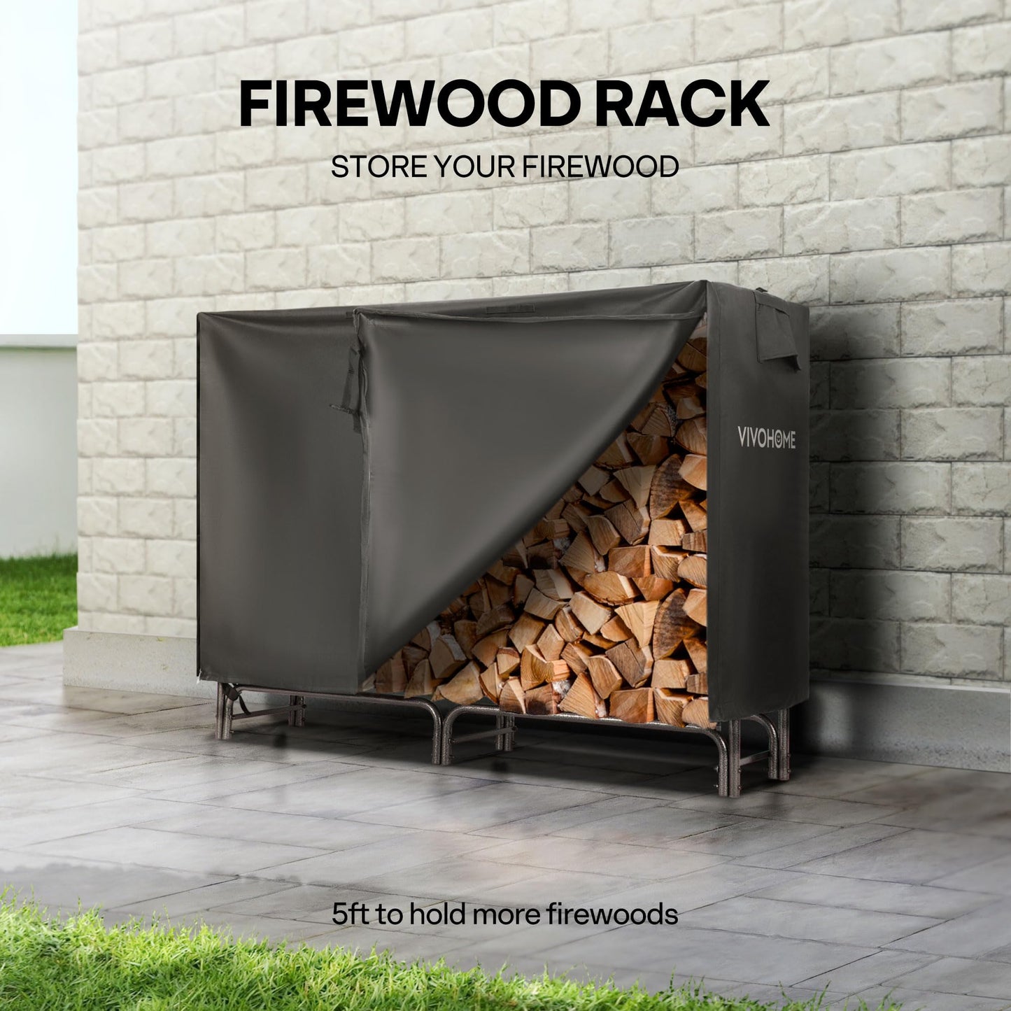 VIVOHOME 5ft Firewood Log Rack Cover, Heavy Duty 600D Oxford, Double Layer Outdoor Weather Resistant with 5ft Heavy Duty Indoor Outdoor Firewood Storage Log Rack with Cover Combo