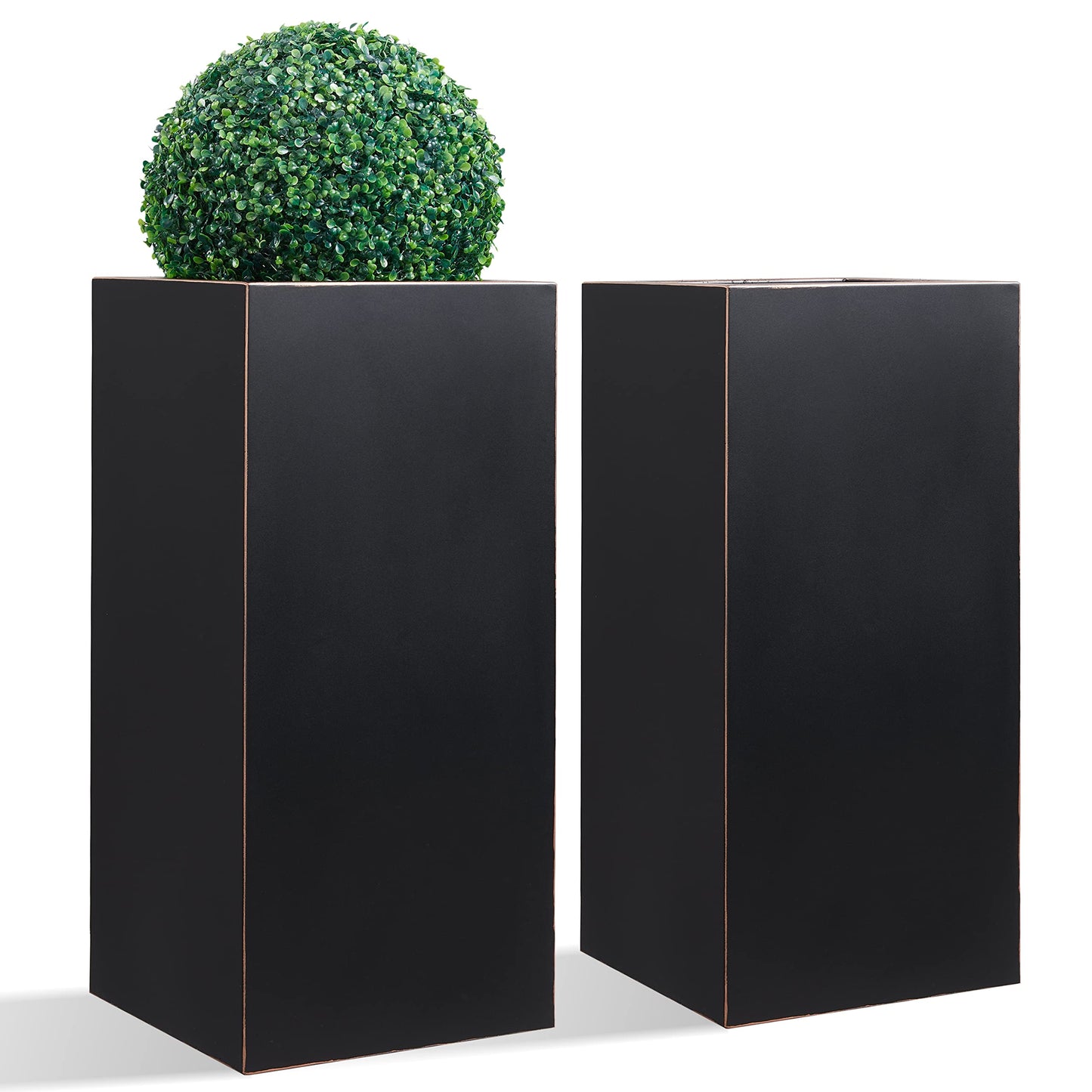 Wallowa Metallic Heavy Planter for Outdoor Plants, 14Lx14Wx30H Inches, Tall Metal Planter Box with Hand Brushed Gold Edge for Outside & Indoor, 25 Pounds, No Assembly and Seamless, Set of 2 (Black)