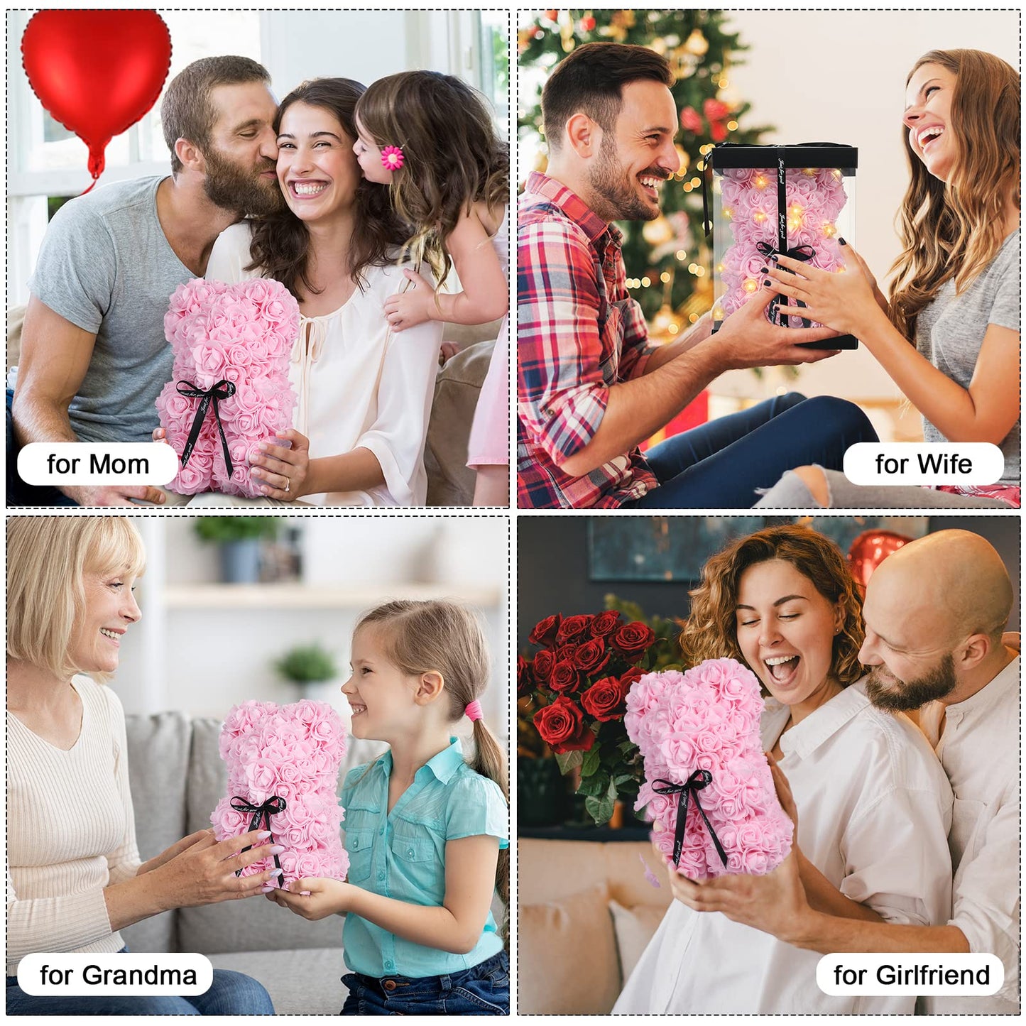 Rose Bear Christmas Flower Gifts for Mom Grandma, Rose Teddy Bear with Lights, Cute Teddy Flower Bear, Cute Romantic Gifts for Wife Girlfriend with Transparent Gift Box and Love Card