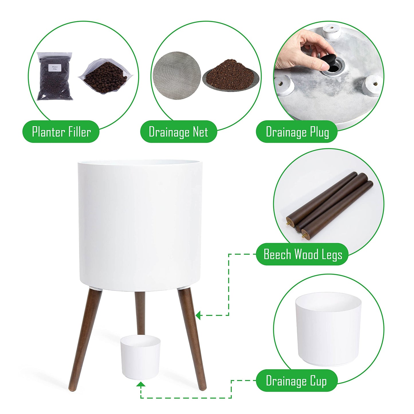 D'vine Dev 14 Inch Planter Pot with Stand, Mid-Century Tall Plant Pot with Legs for Indoor Plants, X-Large, White, 88-O-D-1