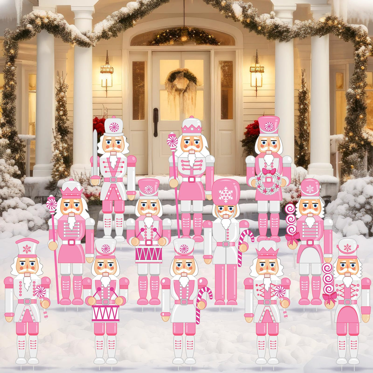 Amyhill 12 Pcs Pink Christmas Nutcracker Yard Sign Outdoor Christmas Yard Decor with Stakes Holiday Xmas Nutcracker Sign Cute Xmas Outside Lawn Decor for Outdoor Porch Garden Pathway Party