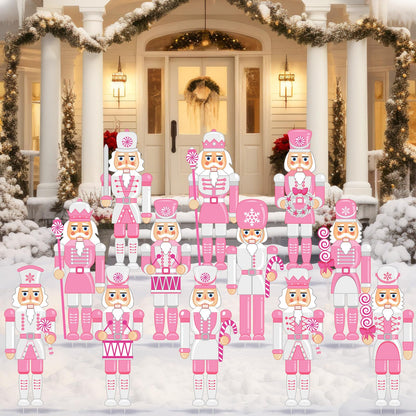 Amyhill 12 Pcs Pink Christmas Nutcracker Yard Sign Outdoor Christmas Yard Decor with Stakes Holiday Xmas Nutcracker Sign Cute Xmas Outside Lawn Decor for Outdoor Porch Garden Pathway Party