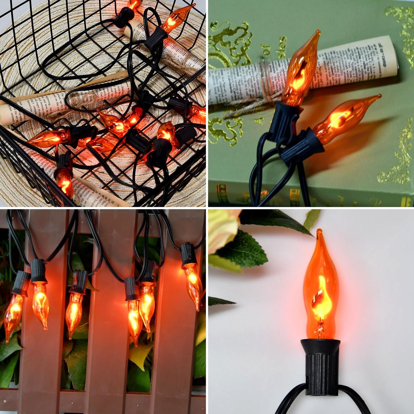 Glowzy Halloween Lights Flickering Flame String Lights with 12 Pack C7 Orange Flame Light Bulbs (2 Spare), 12.8Ft Orange Flame String Lights for Indoor Outdoor Home Party Yard Halloween Decorations