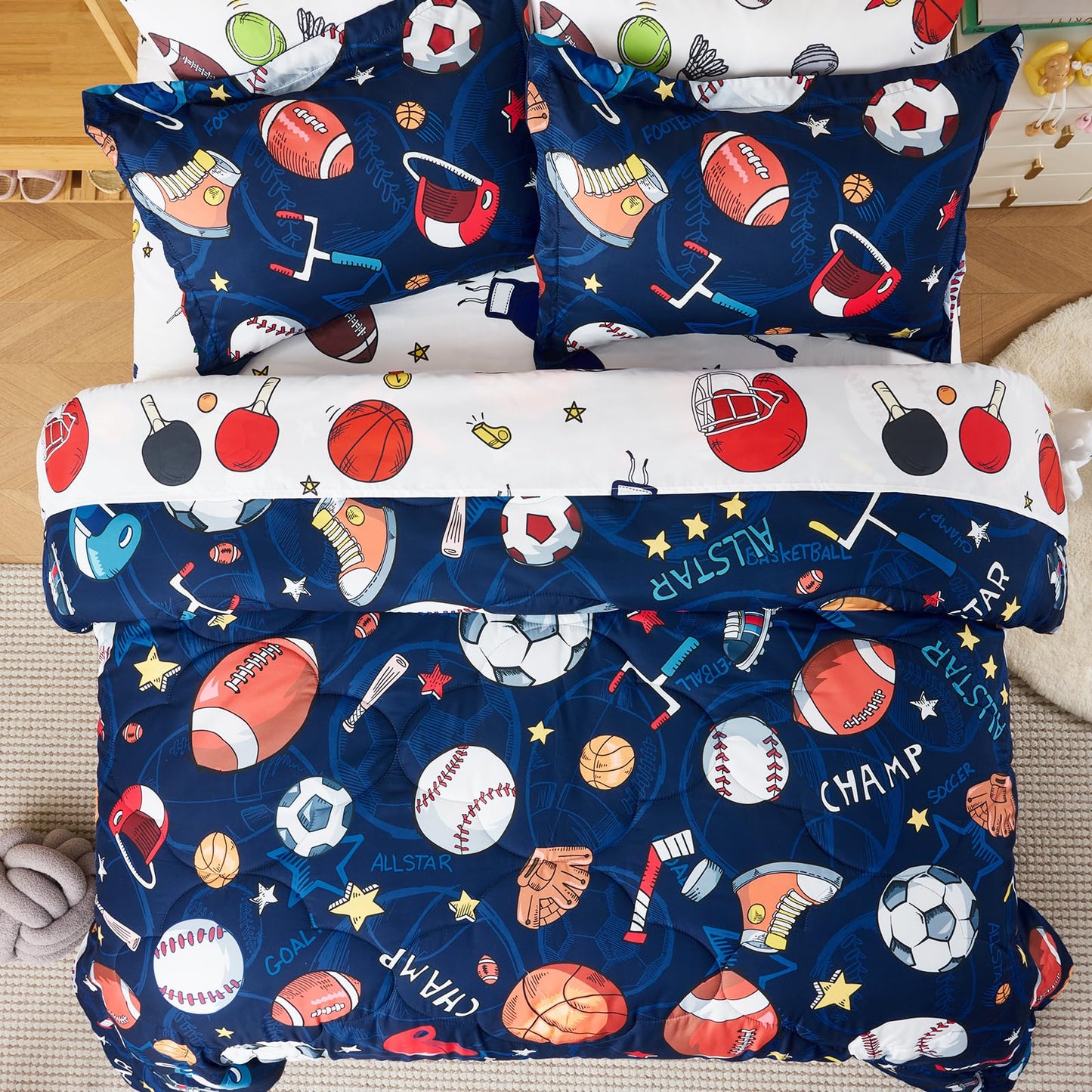 Jameswish 7 Pieces Sports Comforter Set for Boys Kids Soft Fluffy Baseball Bedding Set Twin Size with 3D Soccer Basketball Football Design Bed in A Bag as Gifts