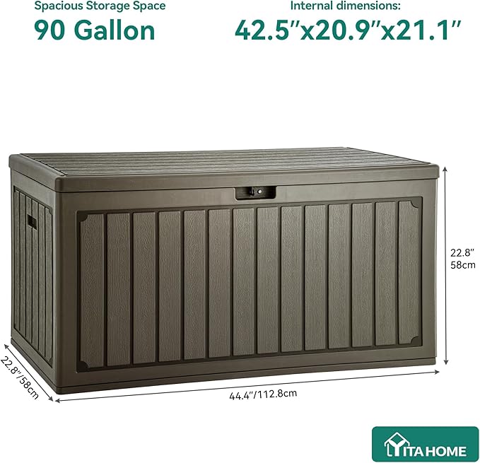 YITAHOME 90 Gallon Large Deck Box with Side Handles, Outdoor Double-Wall Storage for Patio Furniture Cushions, Garden Pool Accessories, Waterproof & Lockable