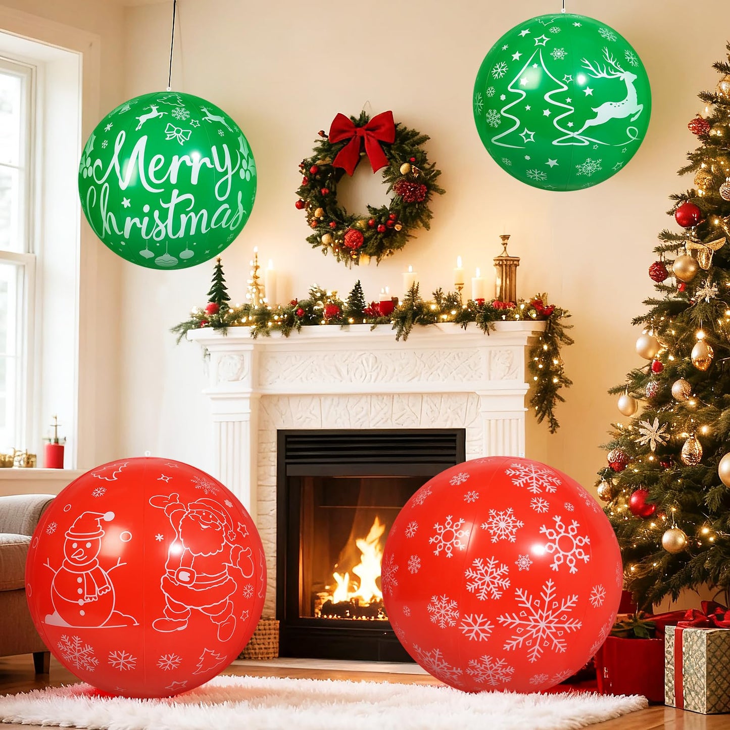 TaoQ C 4 PCS 32 Inch, 24 Inch Christmas Inflatable Balloons PVC Large Christmas Inflatable Outdoor Balls for Xmas Garden Lawn Yard Holiday Front Door Decoration
