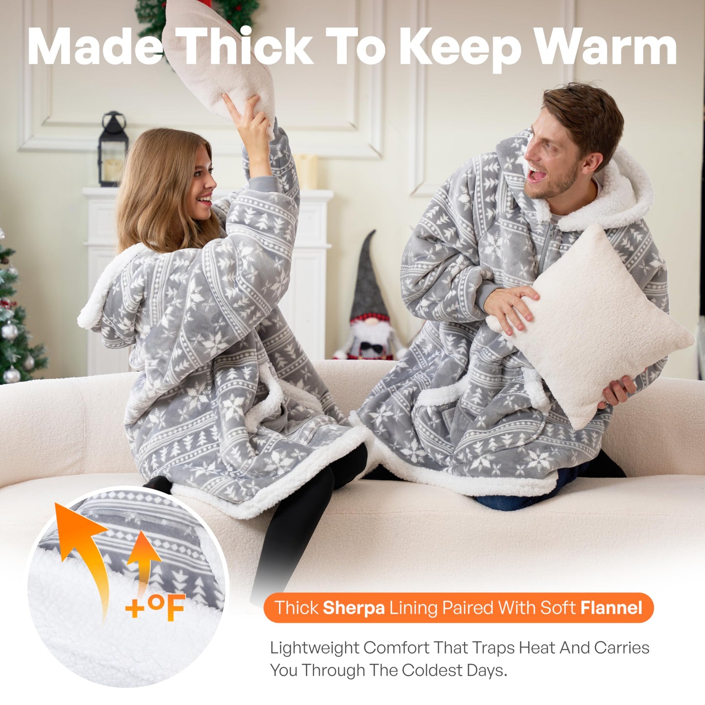 Giggling Getup Wearable Blanket Hoodie for Adults Gifts for Teen Girls Sister Women Sherpa Fleece Printed Hooded Blanket Sweatshirt Warm Cozy with Pocket & Sleeves Grey Snowflake