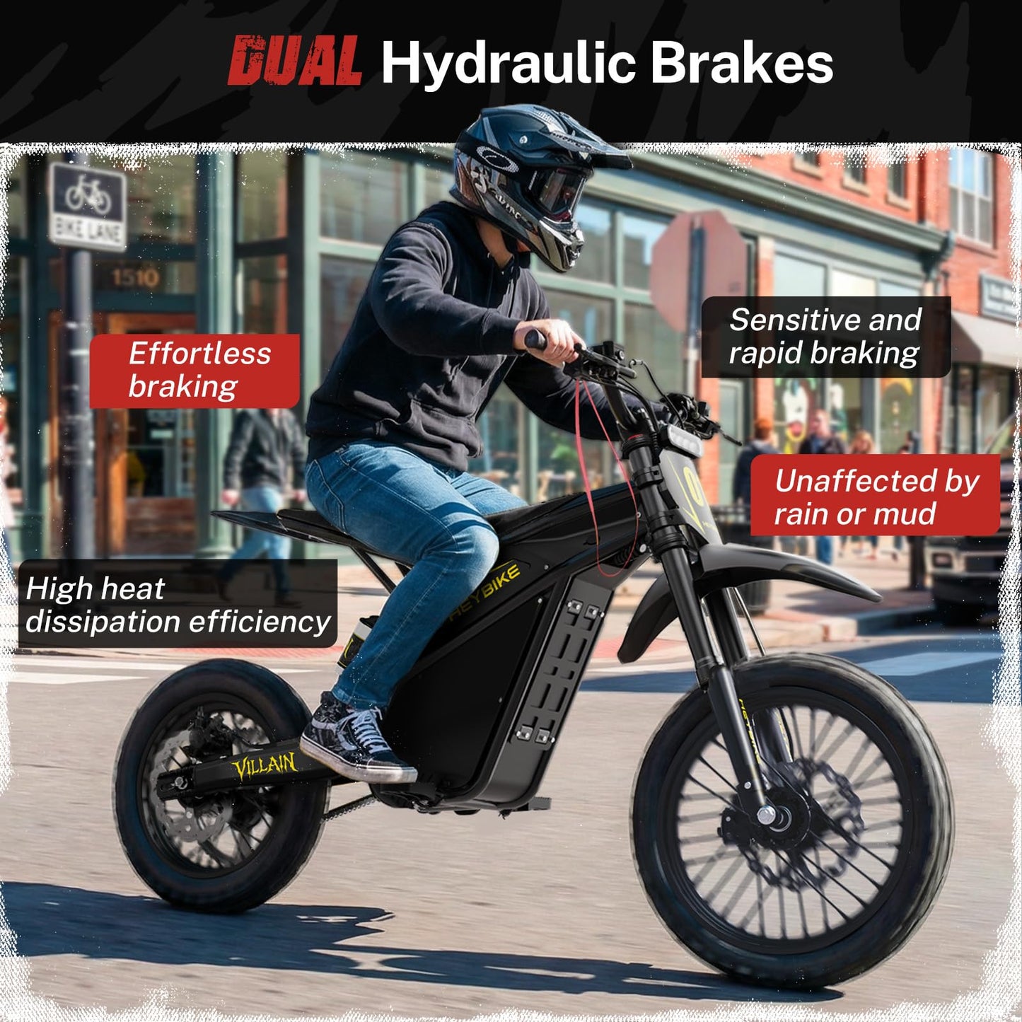 Heybike Villain Electric Dirt Bike, 4160W E Dirt Bike with 52V 26AH Battery, 14"/12" Fat Tire Electric Motorcycle for Teens, Max 45MPH Ebike with Reversing Function（Standard; Inky Black）